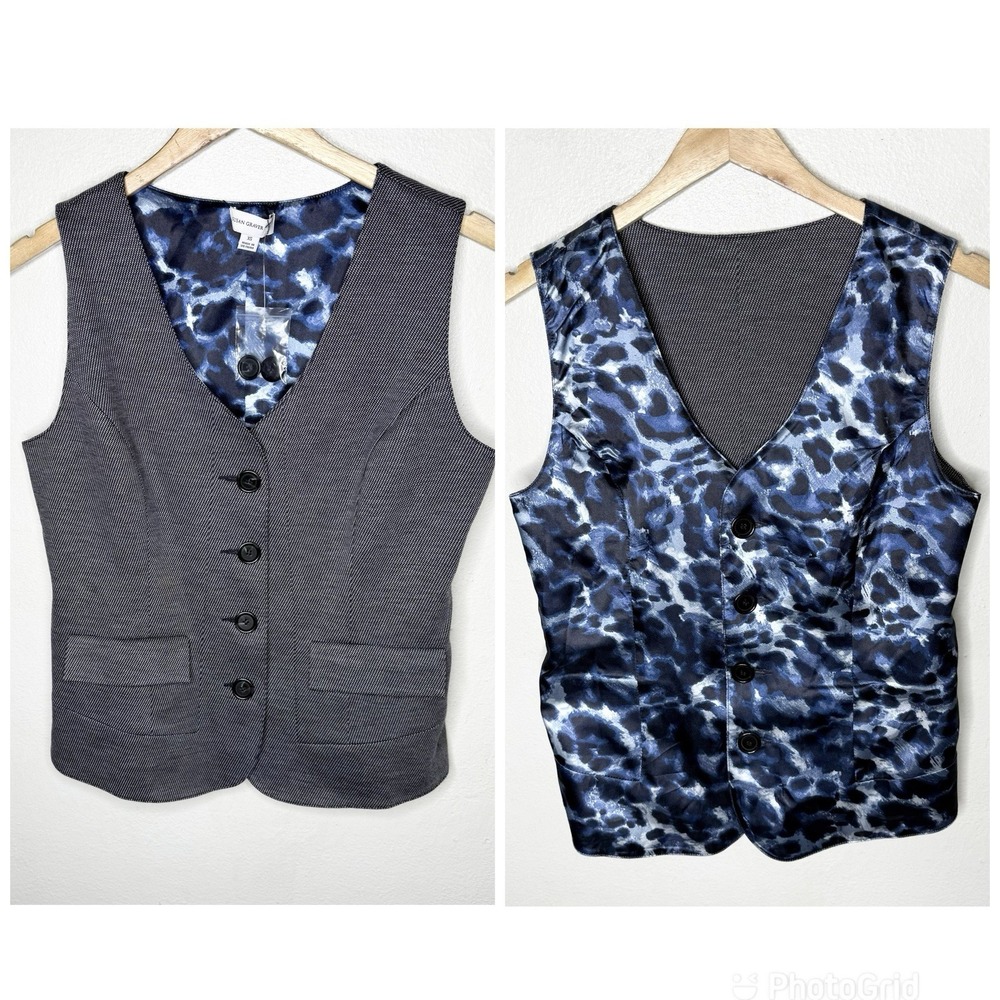 New Susan Graver Reversible Vest Blue Animal‎ Print Gray Pockets Women's XS